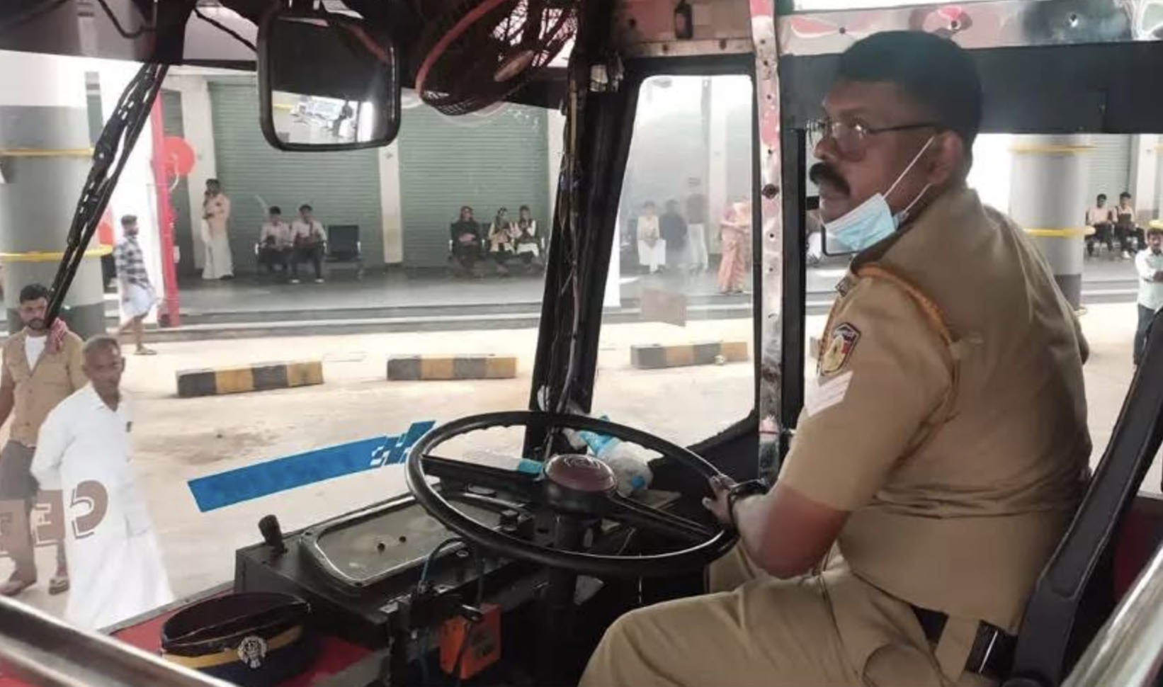 Policebusdriver A police officer driving a bus in Malappuram. Photo: Special arrangements
